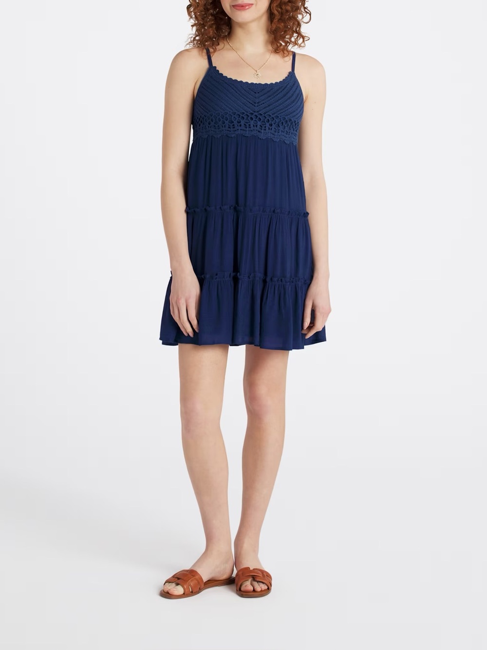 THE GENERAL GOOD
Alyssa Crochet Detail Dress Navy Crochet Bodice Tiered Sundress